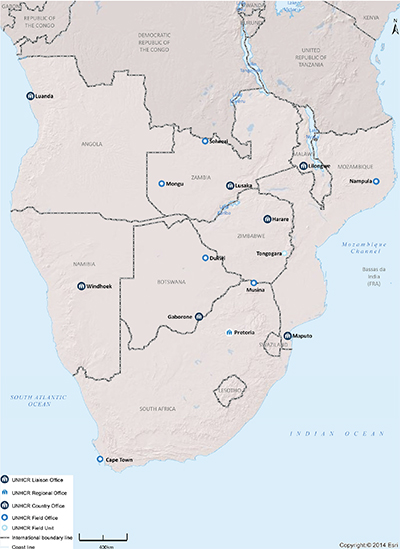 UNHCR 2015 Southern Africa subregional operations map