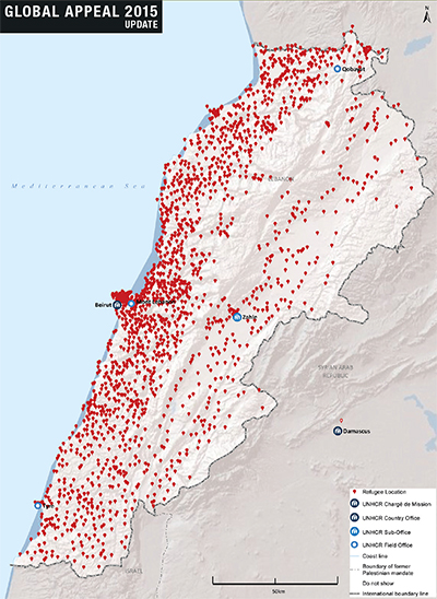 UNHCR 2015 Lebanon country operations map