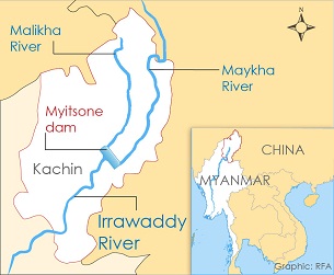 A map showing the location of the Myitsone dam in Kachin state.