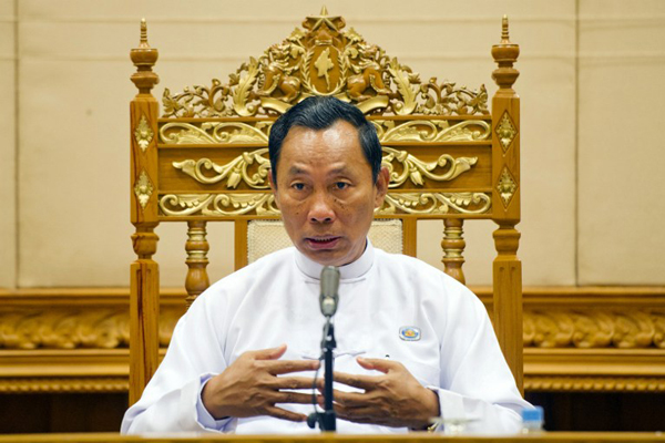 Parliamentary speaker Shwe Mann talks to the media during a press conference in the parliament building in Naypyidaw, Feb. 11, 2015.