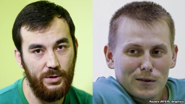 Yevgeny Yerofeyev (left) and Aleksandr Aleksandrov go on trial today.