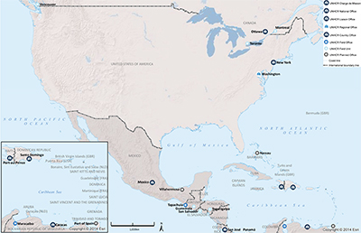 UNHCR 2015 North America and the Caribbean subregional operations map
