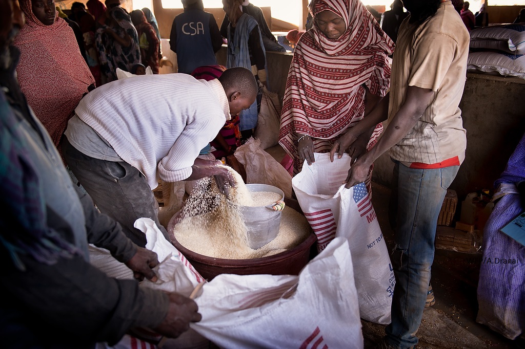 Malian refugees receive rice during the WFP monthly food distribution in Mberra camp. With the volatile security situation persisting in northern Mali, UNHCR does not anticipate any major returns in the coming months.  UNHCR / Agron Dragaj