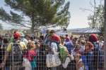 A young Afghan boy sits on his father's shoulders in the scorching mid-day sun on the border between Greece and fYR Macedonia. The group of refugees and migrants had been kept waiting for days by Greek police and were growing increasingly impatient to cross into fYR Macedonia.