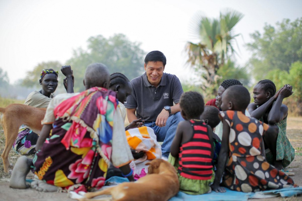 UNHCR's Kannavee Suebsang meets with a group of newly arrived women and children in Rumbek, South Sudan. The women told Kannavee that they escaped violence and hunger.