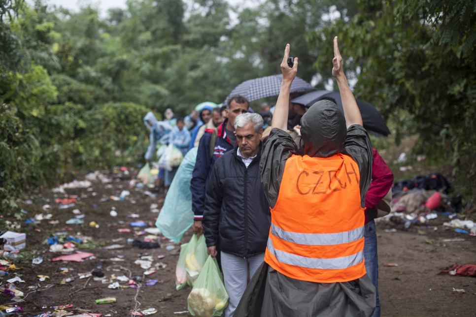 A volunteer shows the way as refugees walk near the village of Bapska, Croatia.