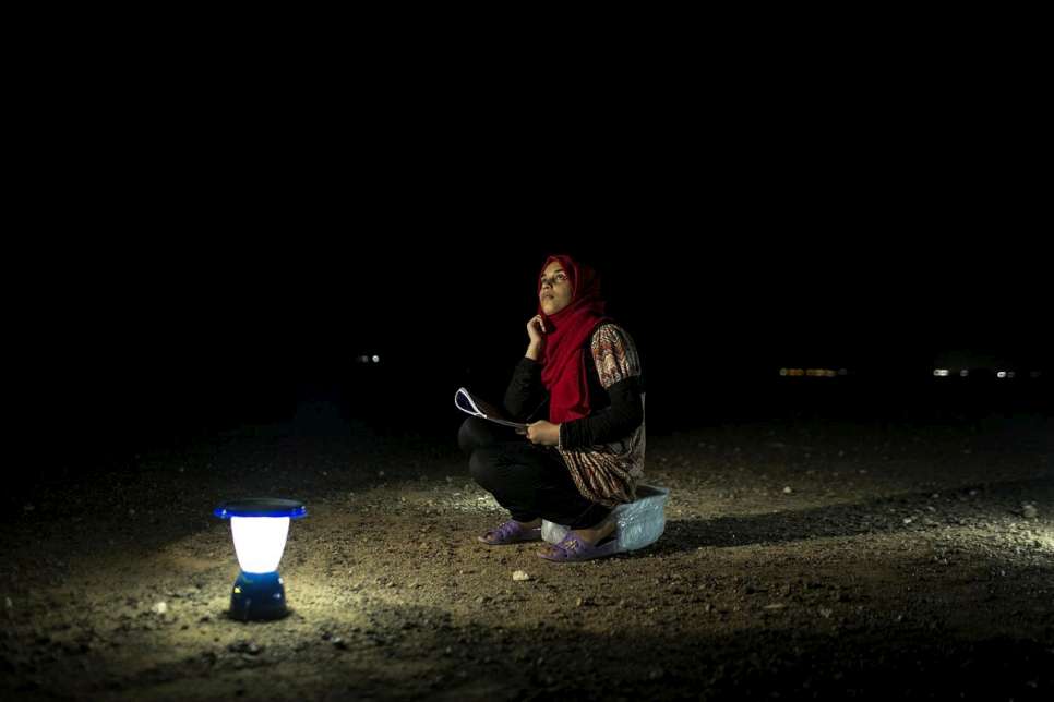 Budoor, 15, from Syria sketches the night sky in Azraq refugee camp in Jordan. In exile, she has discovered a love of the stars as, without electricity in the camp, they appear so clearly at night. She dreams of studying astronomy.

Her family fled their home in Syria after violence engulfed their neighbourhood. They tried to make a life closer to the border with Jordan, but were driven to flee again after barrel bombs hit their home.