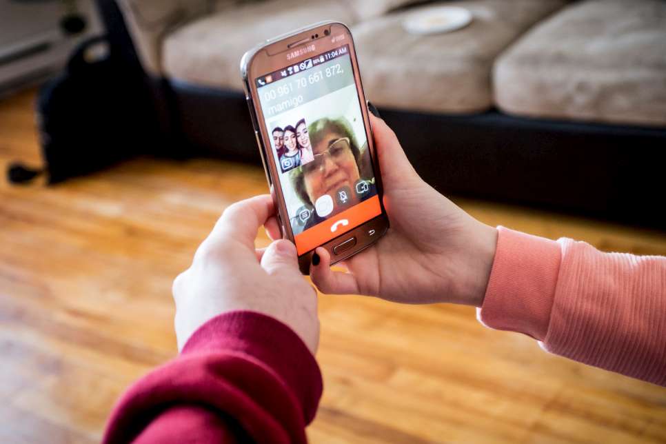 Kevork and his sisters talk with their mother, who's in Beirut, Lebanon, via Skype.