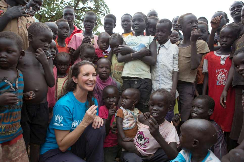 UNHCR High Profile Supporter Kristin Davis at the transit centre. The number of South Sudanese refugees fleeing into Northern Uganda is 154000, since the 15th December 2013.