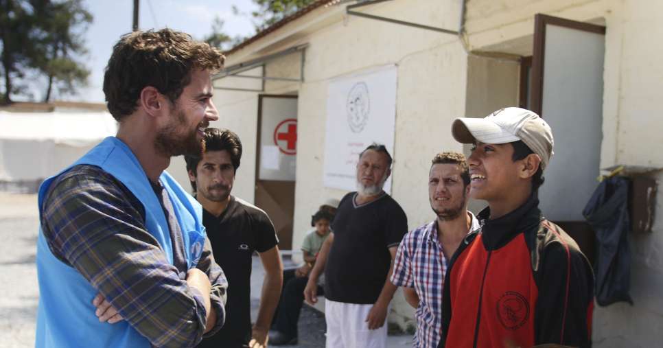 High profile supporter for UNHCR Theo James spoke with Rafia, a 17 year old boy from Syria who had been involved in a bomb attack and had lost part of his elbow and still had schrapnel in his leg. Rafia explained to Theo that he wanted to live in France as he spoke some of the language and was hoping to learn to speak it better. His body was still in a lot of pain and his father Mahmoud worried that he needed pain killers and another operation.