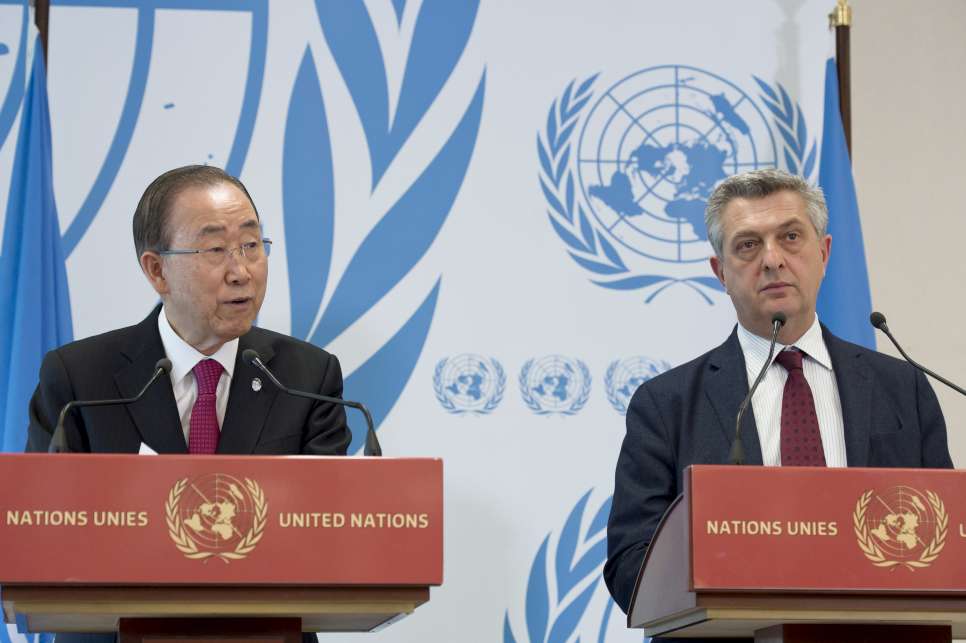 Secretary-General, Ban Ki-moon ( left ) with Filippo Grandi ( right ) United Nations, High Commissioner for Refugees speak at a press event after the opening of the High-Level Meeting on global responsibility sharing through pathways for admission of Syrian refugees.