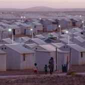 RefugeesIKEA-donated Solar lights turn as night falls throughout in Azraq Refugee Camp, Al Azraq, Jordan.