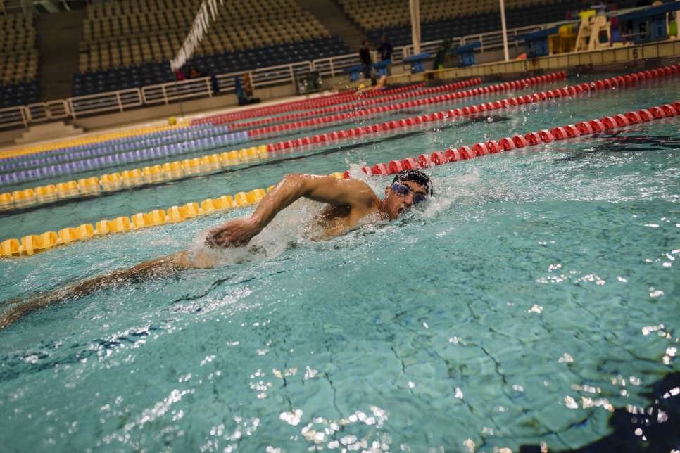 Ibrahim al-Hussein, 27, during a swimming training session in Athens. 