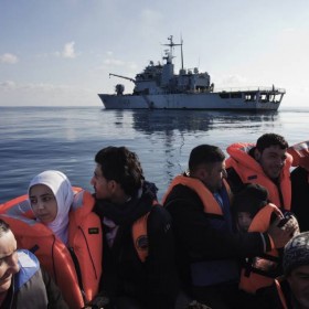 Italy. Syrian refugees are rescued in the Mediterranean Sea by crew of the Italian ship, Grecale. They will be transferred to a larger vessel, fed and given medical treatment before being transported to the mainland.  (c) UNHCR / A. D'Amato / March 2014.