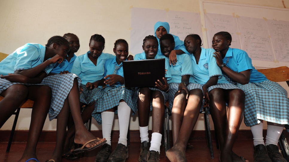 South Sudanese refugee Esther Nyakong, 18, attends a computer literacy class at the Morneau Shepell boarding school for girls, near Kakuma refugee camp in northern Kenya.