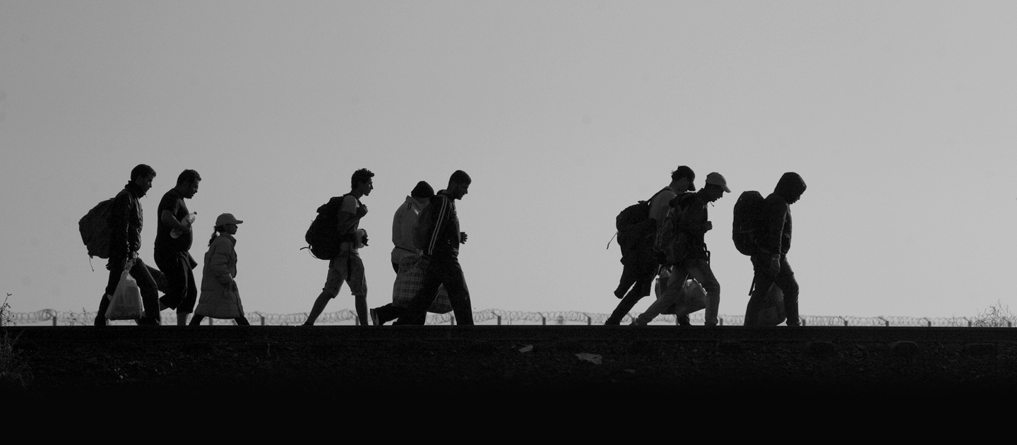 Refugees and migrants cross the border between Serbia and Hungary.