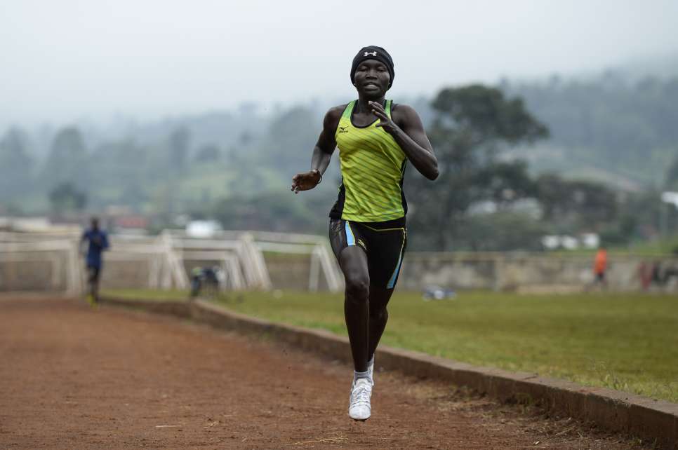 Rose Nathike Lokonyen, efugee from South Sudan training in the Ngong track inthe outskirt of Nairobi.