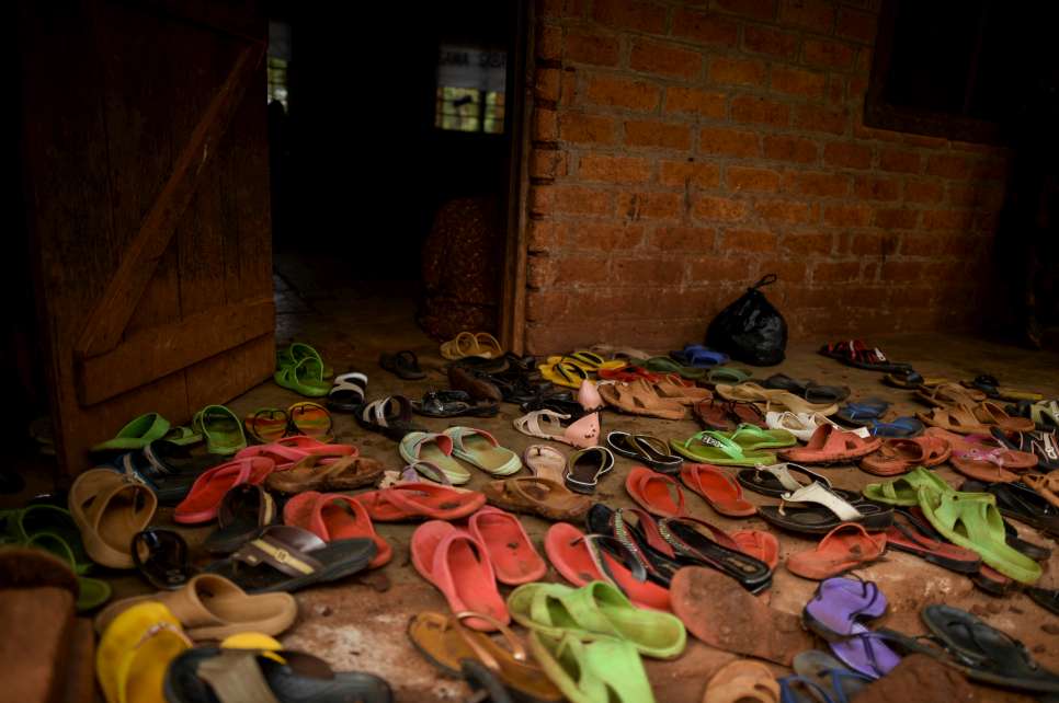 Burundian refugees' shoes sit outside a classroom in Tanzania's Nduta camp.