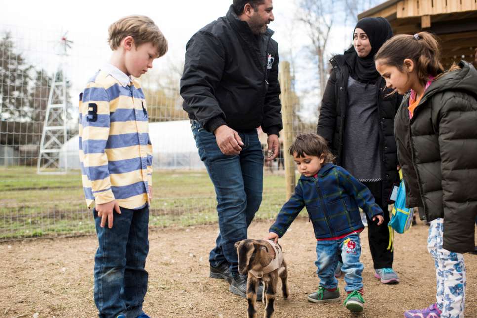 Mohammad, Sahar, two of their children and a Canadian boy approach a goat at the petting zoo.