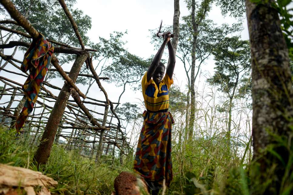An old woman cuts dead wood in the forest. More than a quarter of a million Burundians have fled to neighbouring countries since April 2015, most of them to Tanzania.