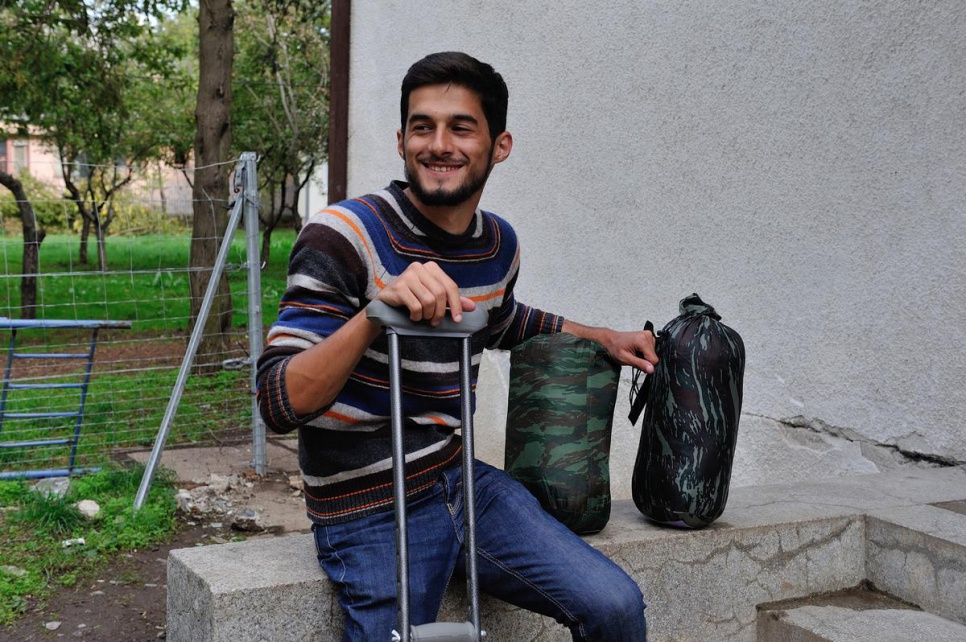 Gabriel*, who was an English teacher in Syria, contracted polio as a child and walks with crutches. UNHCR staff pulled him from the line of those waiting to register at the Presevo reception centre in Serbia to check on his needs.<br><br><em>*not his real name</em>