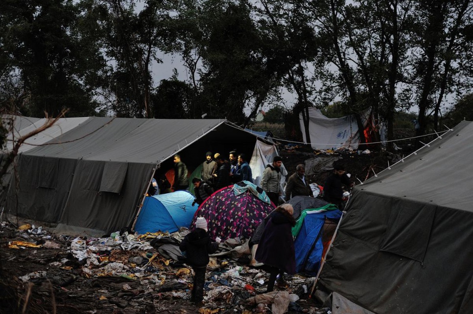 Tents were erected to help protect some of the 2,000 refugees and migrants stranded in the rain in Berkasovo, Serbia, just across the border from Croatia.