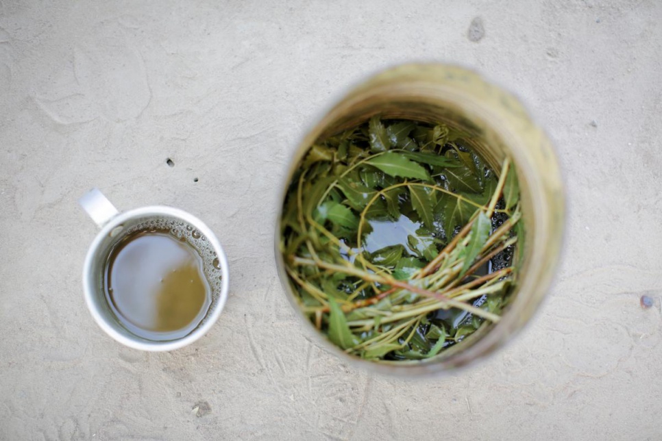 A traditional remedy made out of neem leaves is left to cool down before sick children of newly displaced families can drink it.