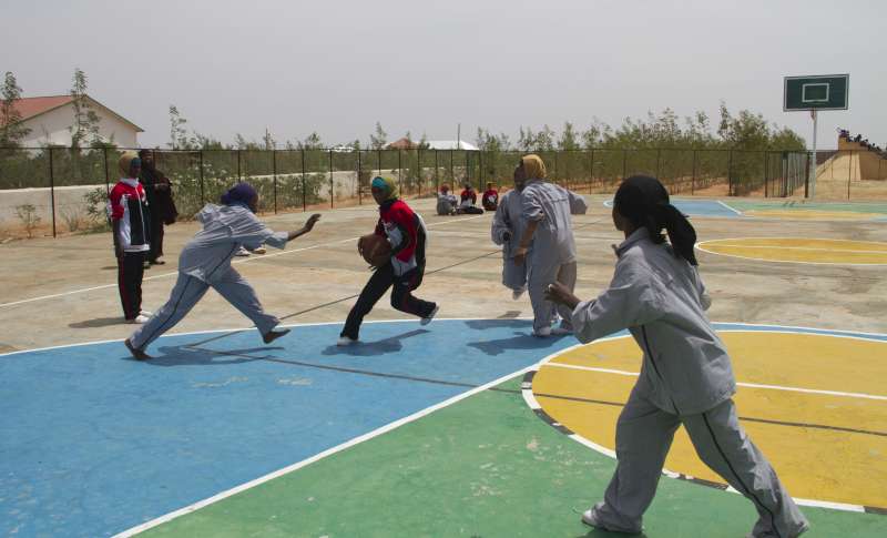 Displaced Somali girls play basketball at the GECPD resource centre in Galkayo, Somalia. 