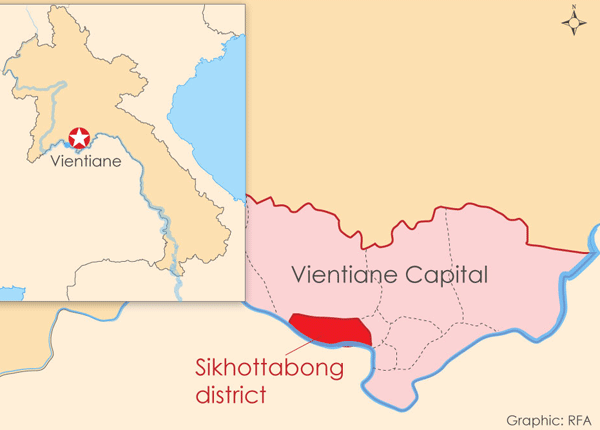 The map shows Sikhottabong district of the Lao capital Vientiane where a Chinese national was shot dead on July 11, 2016.