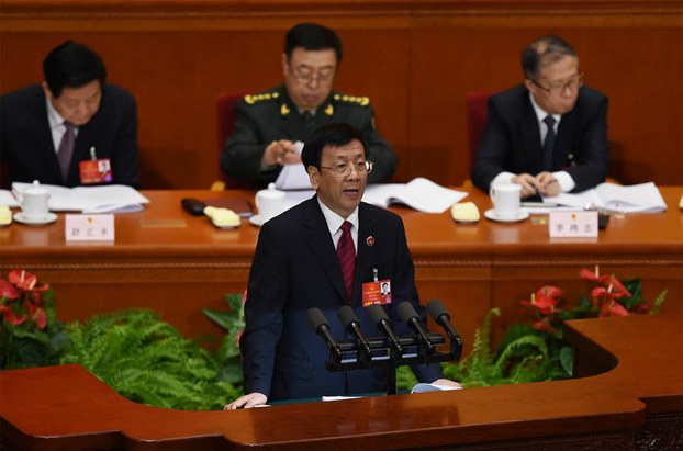 Cao Jianming, procurator-general of the Supreme People's Procuratorate, speaks in the Great Hall of the People in Beijing, March 13, 2016.