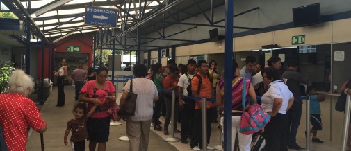 Refugees waiting in line at the Ministry of Migration in Costa Rica.