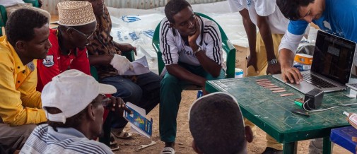 Photo of refugees being trained for the Liter of Light program in Dollo Ado, Ethiopia with UNHCR innovation lab.