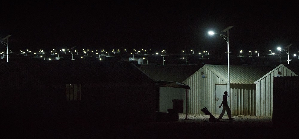 IKEA-donated Solar lights turn as night falls throughout in Azraq Refugee Camp, Al Azraq, Jordan.