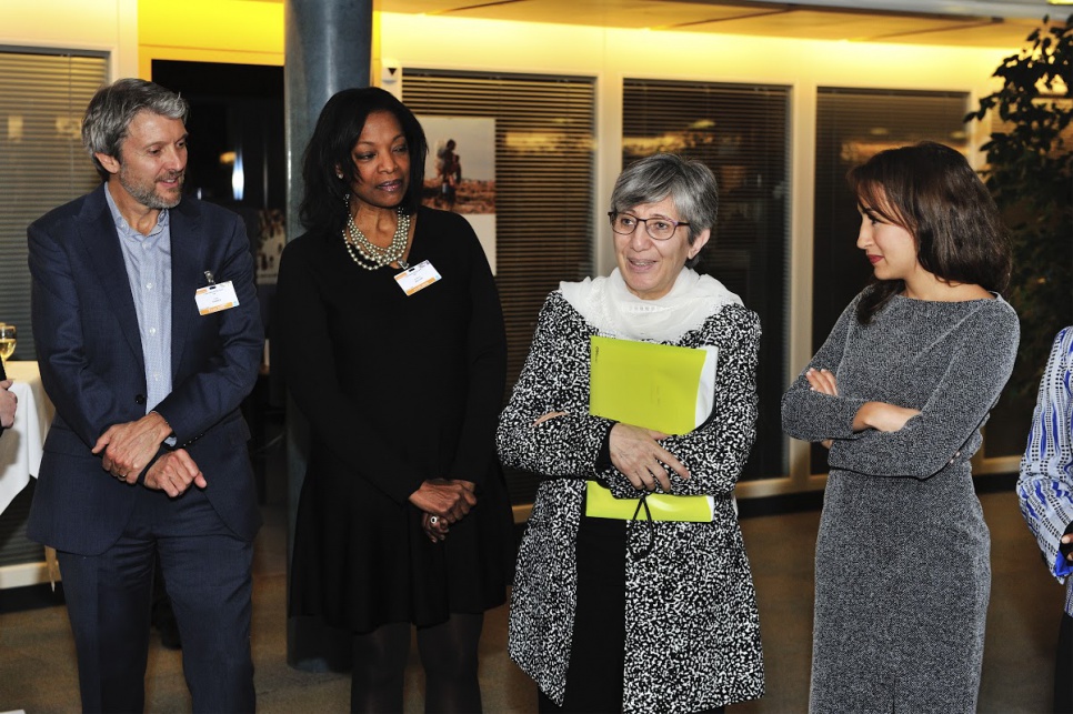 Reception in honour of members of UNHCR's inaugural Advisory Group on Gender, Forced Displacement and Protection. From right to left, advisory group members Amira Yahyaoui, from Tunisia; Sima Samar, from Afghanistan; Patricia Sellers, from Belgium; Gary Barker, from USA.