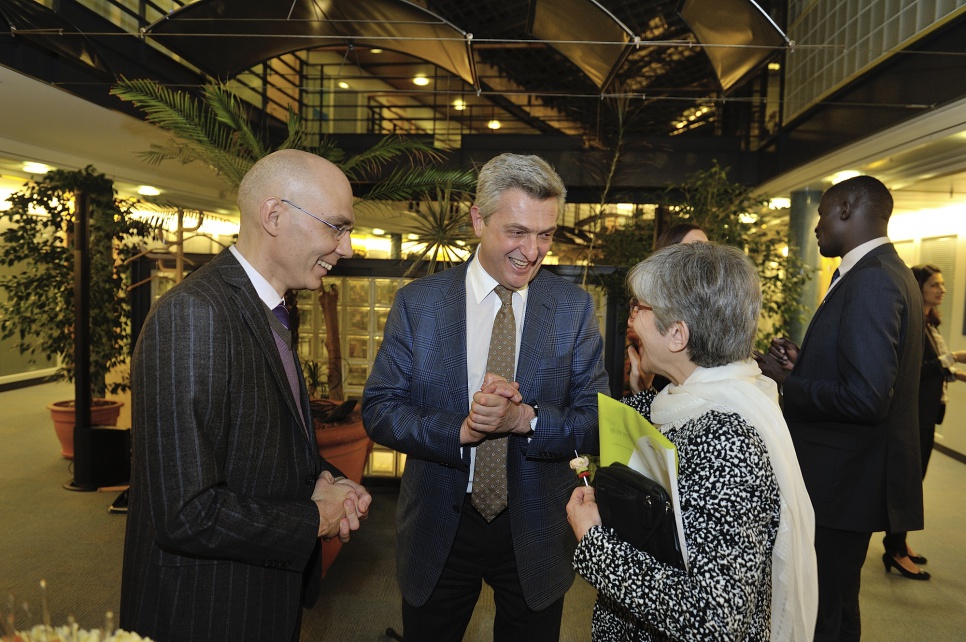 Reception in honour of members of UNHCR's inaugural Advisory Group on Gender, Forced Displacement and Protection. UNHCR Assistant High Commissioner Volker Türk, UNHCR High Commissioner Filippo Grandi (centrer) talking with advisory group member Sima Samar, from Afghanistan.