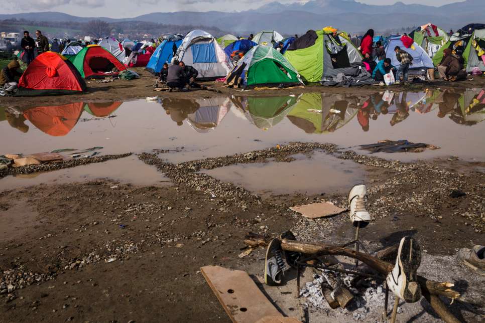 View of the makeshift camp at Idomeni, where Nisrine stays with her five children.