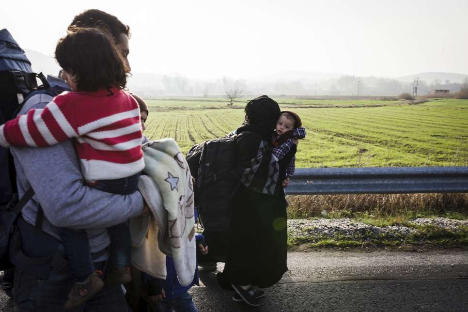 A family from Aleppo, Syria, walks towards the village of Idomeni, near the border between Greece and the Former Yugoslav Republic of Macedonia. Thousands of refugees who had hoped to push on to northern Europe are backed up here since borders were tightened in recent weeks.

The Greek authorities have responded with the military setting up three camps near Idomeni with a capacity of 12,500. UNHCR is supplementing the Greek response effort, but much more needs to be done. UNHCR is also urging that those eligible, like this family, should apply for relocation as an alternative to the dangerous onward voyage through the Balkans.

UN High Commissioner for Refugees Filippo Grandi has warned border closures in the Balkans may create an enormous and potentially critical refugee bottleneck in Greece.