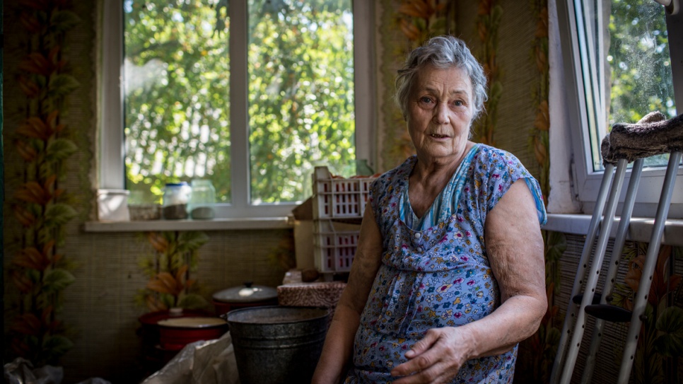 Raisa Markova, who suffered a stroke during 2014, has not fully recovered and still uses crutches to move around. She is too frail to leave the house and must rely on her neighbours.