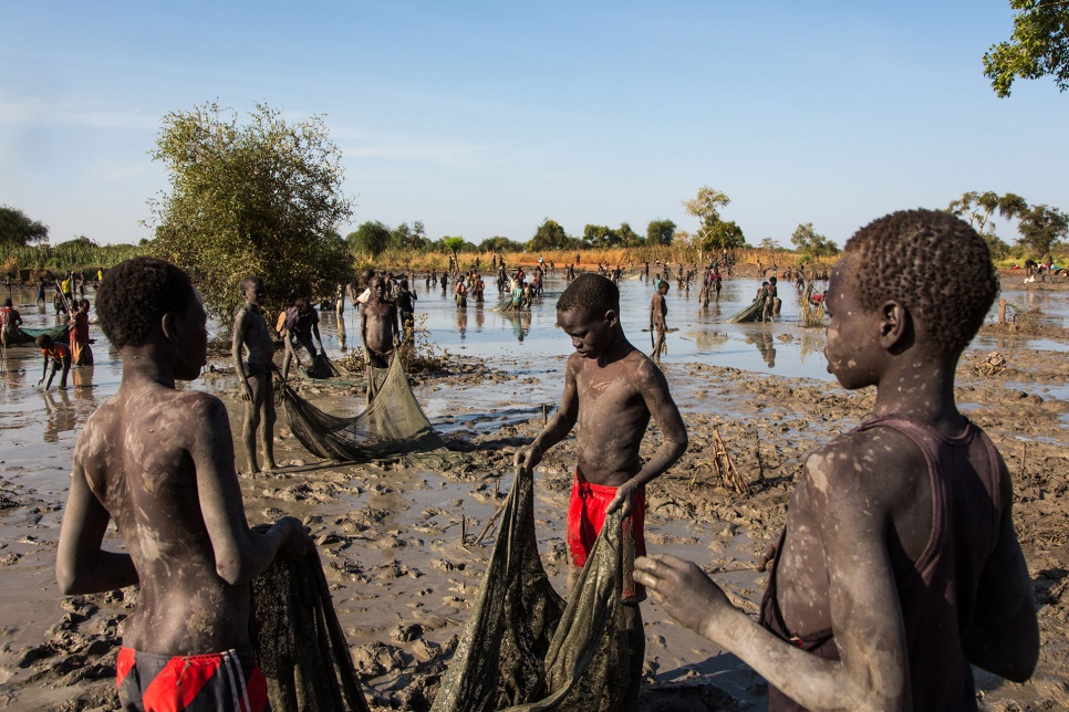 Hundreds of children displaced by fighting in Sudan and South Sudan look for mudfish in a seasonal lake near the town of Yida, South Sudan. The little money they earn from selling the fish helps support their families -- and sometimes pays their school fees.