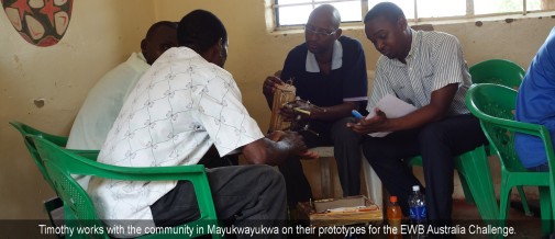 Timothy works with the community in Mayukwayukwa on their prototypes for the EWB Australia Challenge