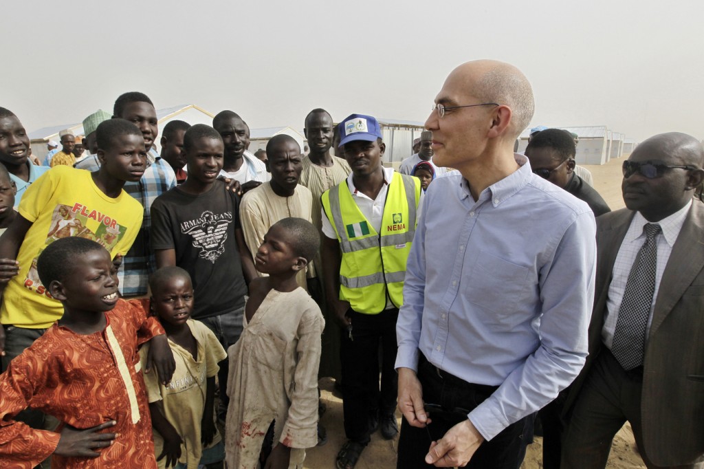 UNHCR Assistant High Commissioner for Protection, Volker Turk, visits internally displaced persons in Bakasi camp in Maiduguri, Nigeria, last February.  