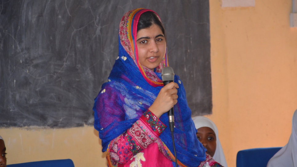 "I promise to use my voice to tell your stories." Malala Yousafzai, Nobel Peace Prize laureate and celebrated education activist, speaks to young Somali refugees during her visit to Dadaab camp in Kenya July 2016.