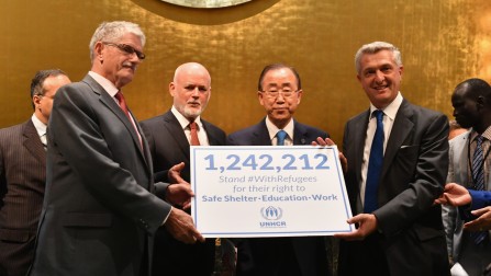 (L-R) President of the General Assembly #70 Mogens Lykketoft, President of the General Assembly #71 Peter Thomson, UN Secretary General Ban Ki Moon, and UNHCR High Commissioner Filippo Grandi attend UNHCR #WithRefugees petition handover at UN General Assembly Hall at United Nations on September 16, 2016 in New York City. ; UN Secretary-General Ban Ki-moon today received a petition – #WithRefugees – from UNHCR, the UN Refugee Agency, signed by more than 1.2 million people expressing solidarity with millions of people across the world driven from their homes by conflict and persecution.
Taking receipt of the appeal at the UN General Assembly in New York, together with Assembly President Peter Thomson, Ban noted the global scope of support for refugees.
The petition calls on representatives of the 193 governments attending the Summit to make sure all refugee children can go to school; that all refugees have a safe place to live and that all refugees can work and contribute to their local community.