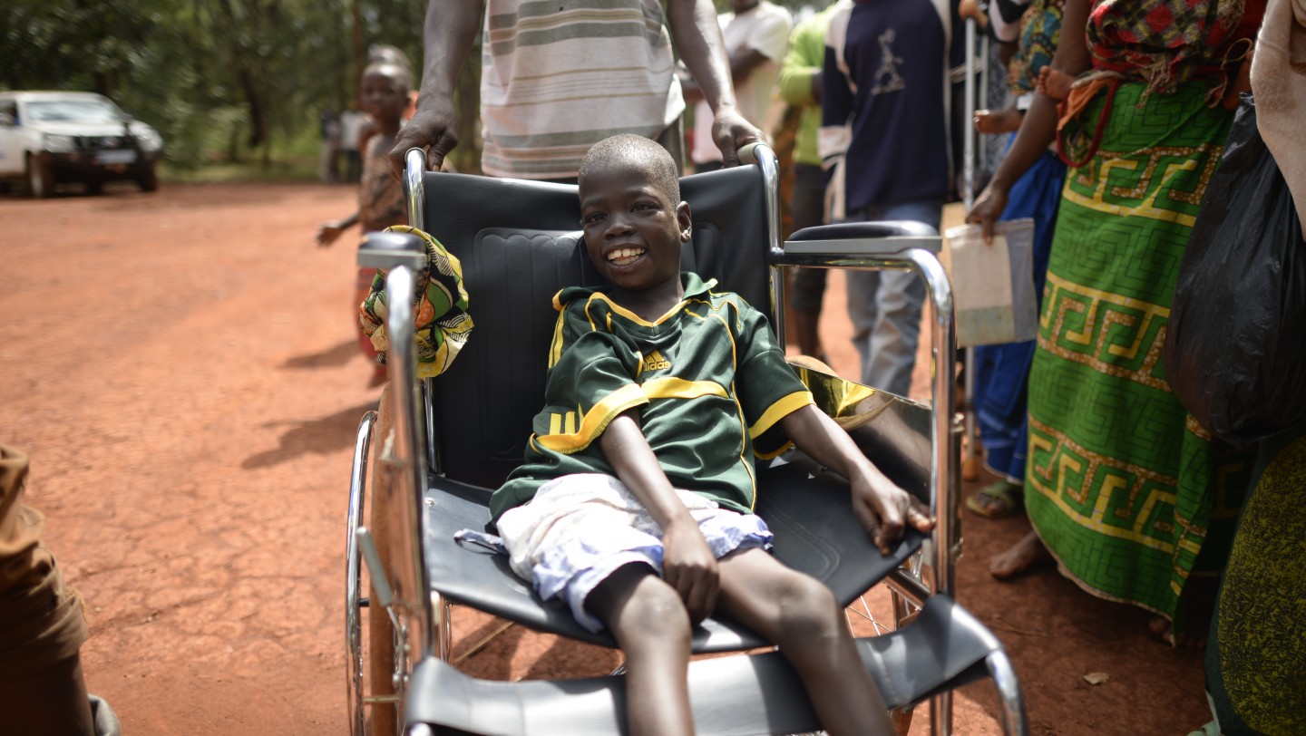 Young disabled boy in his wheelchair in Nduta camp. ; More than a quarter of a million Burundians have fled to neighbouring countries since April 25, 2015, most of them  135,000  to Tanzania. Nduta refugee camp is located in north-western Tanzania and can barely provide shelter, household items, latrines and showers to every refugee.