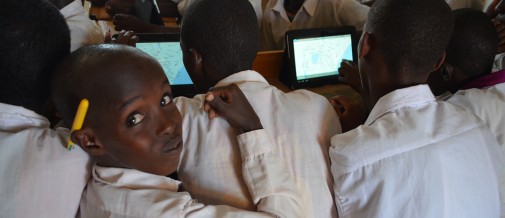 Kenya. Dadaab Refugee Camps, an excited student in Geography class in Mwangaza primary school.