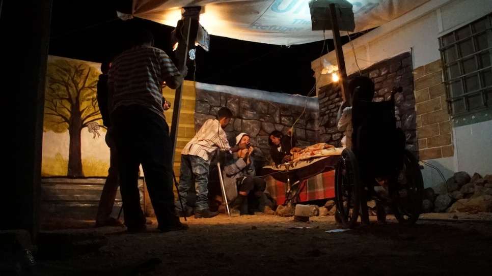 Filming often takes place at night due to the lack of electricity in the camp during the day, when the group hold rehearsals instead.