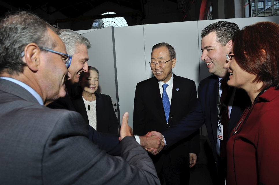 UN Secretary General, Ban Ki-moon, with the 2016 Nansen Refugee Award winners, UN High Commissioner, Filippo Grandi, UNHCR's Europe Bureau Head, Vincent Cochetel and the Secretary General's wife, Yoo Soon-taek at the 2016 Nansen Refugee Award ceremony.