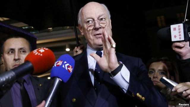 UN mediator for Syria Staffan de Mistura gestures during a news conference on the Syrian peace talks outside President Wilson hotel in Geneva, Switzerland, on February 3.