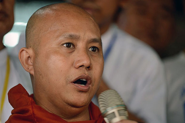 Myanmar monk Wirathu of the ultranationalist Buddhist group Ma Ba Tha speaks to followers at a monastery on the outskirts of Yangon, June 4, 2016.