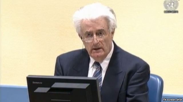 Radovan Karadzic in the courtroom for the first time after the verdict in The Hague on April 6.